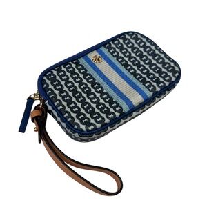 Tory Burch Gemini Link Canvas Wristlet Blue and White Patterned Coated Canvas